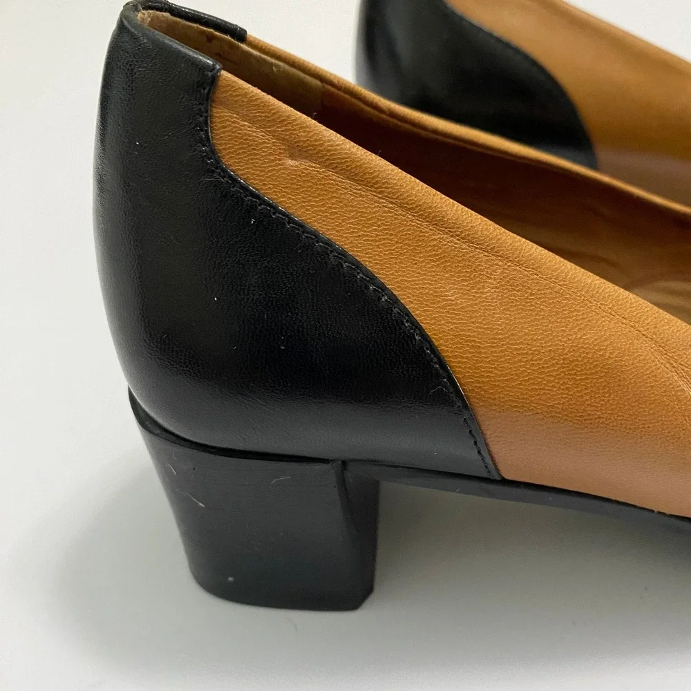 Etienne Aigner Two Tone Leather Pumps Tan Black Square Toe Block Heel Size 7.5 M
